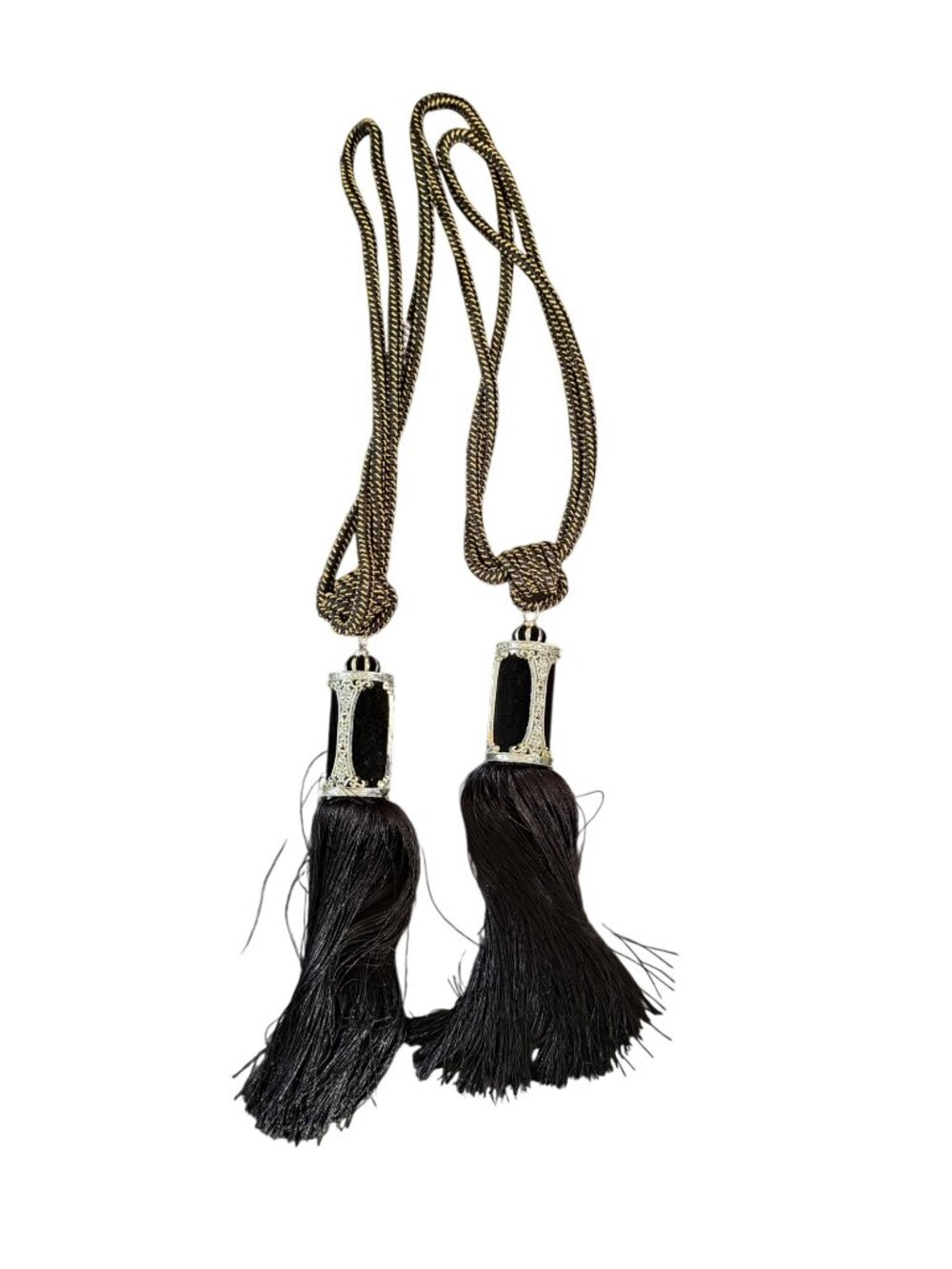 Elegant Black & Gold Curtain Tieback Tassels With Ornate Silver Detailing